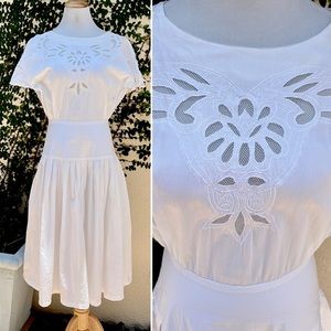 Vintage Ratio White Cotton lace embroidery full skirt dress